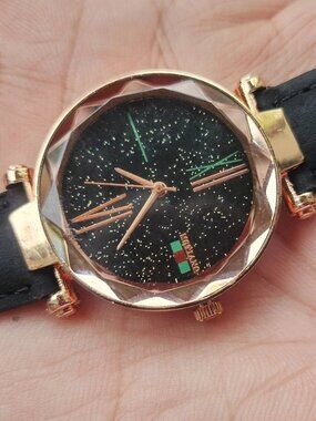 Women Wristwatch Fashion Jewelry Gold Tone Case Black Strap Quartz Analog Watch